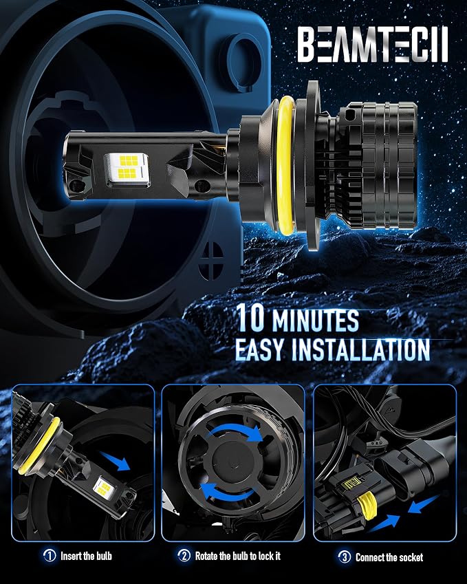 BEAMTECH 9007 Bulbs, 900% Brighter Canbus Ready 6500K White Light or Fog Light, 2 Bulbs.