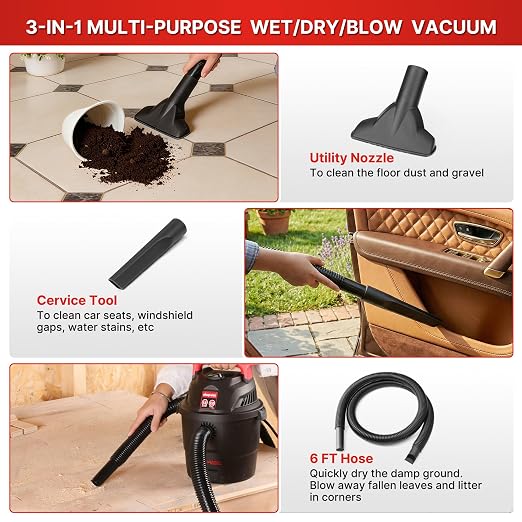 Shop-Vac 1.5 Gallon 2.0 Peak Wet/Dry Vacuum, Small Portable Shop Vacuum with Attachments, Mini for Garage, Car, Home and Pet