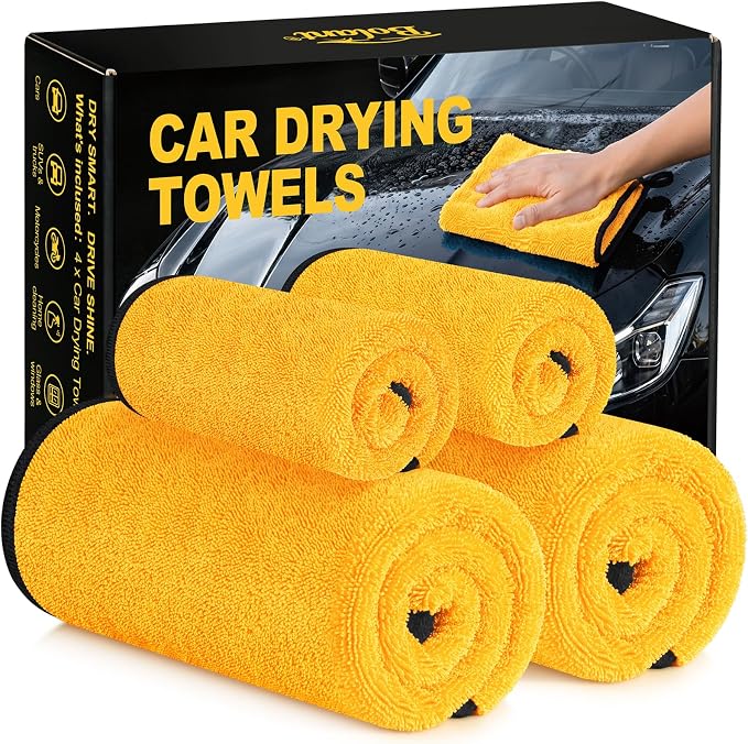 Bolant 4 Pack Twisted Loop Car Drying Towel, 36x24 in Car Towels Cleaning Supplies, Reusable Shammy Quick Dry Cloth for Carwash, for Auto, Boat, Kitchen, Windows & Bathroom（Yellow）