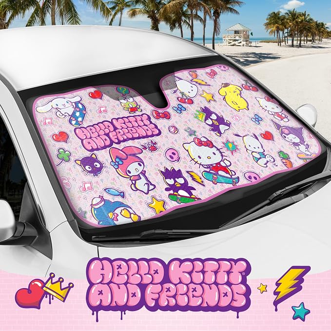Carbella Hello Kitty and Friends Car Windshield Sun Shade, Official Sanrio Accordion Style Sunshade for Car Window, Cute Car Sun Shade Windshield, Hello Kitty Car Accessories for Women (HK & Friends)