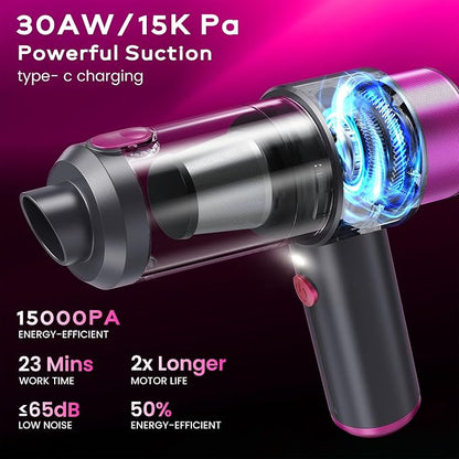 Car Vacuum Handheld Vacuum Cleaner, 15000PA Suction, Mini Vacuums with Air Duster and Blower, Portable Hand Held Vacuum for Car, House, Crumbs, Hair (Pink)