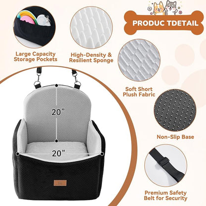 Dog Car Seat for Medium/Small Dogs, Dog Booster Car Seat, Pet Booster Seats Up to 40lbs with Waterproof Layer, 3 Storage Pockets and Safety Belt (Black/Grey)