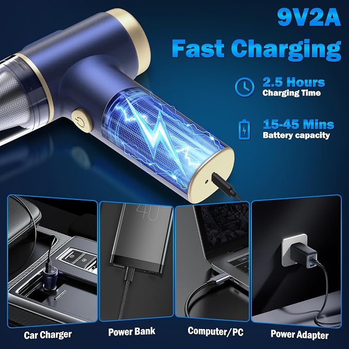 Handheld Car Vacuum Cleaner, 2-in-1 Portable Mini Car Vacuum Cleaner,21000Pa High Power & Air Duster, Handheld Vacuum Cordless with LED Light and Multi-Nozzles for Car,Home,Office,Pet