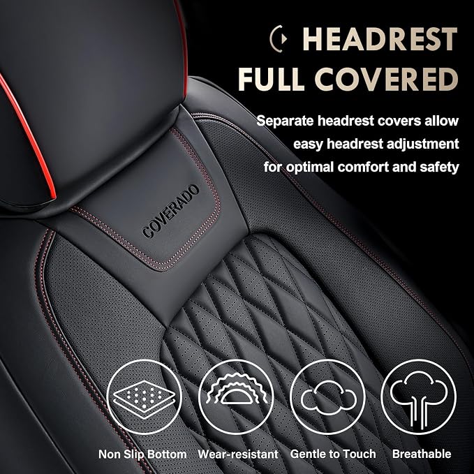 Coverado Leather Car Seat Cover, Custom Fit for Ford F150 Seat Covers, Ford F150 Truck Seat Covers Waterproof Fit for 2015-2026 F150 & 2017-2026 F250 F350 F450 Redline - Front Pair