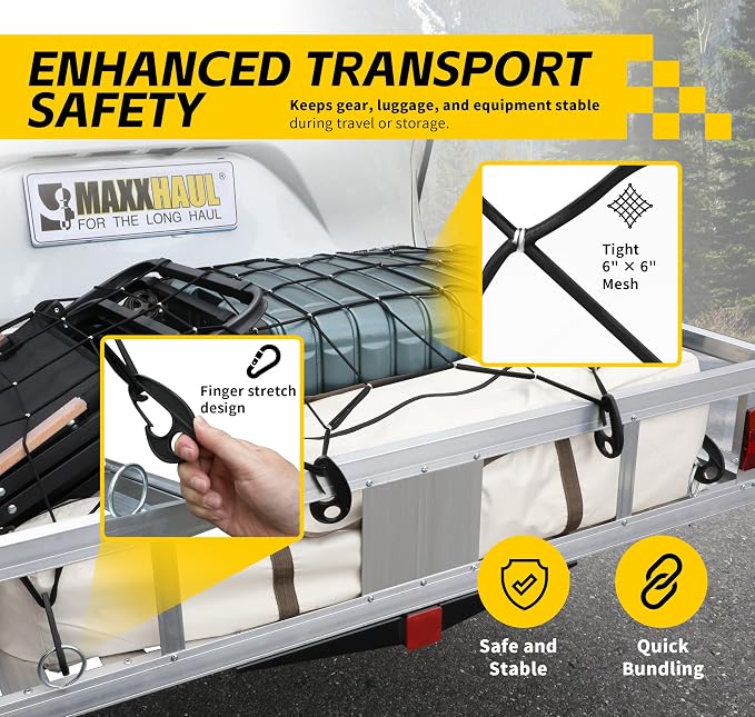 MaxxHaul Heavy-Duty Cargo Net – 3' x 5' Stretches to 6' x 10' – Wide 6" Mesh with 12 PP Hooks – Truck Bed, Trailer & Roof Rack Cargo Accessory
