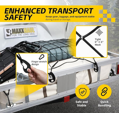 MaxxHaul Heavy-Duty Cargo Net – 3' x 5' Stretches to 6' x 10' – Wide 6" Mesh with 12 PP Hooks – Truck Bed, Trailer & Roof Rack Cargo Accessory