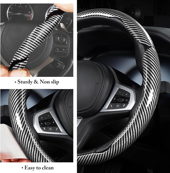 Carbon Fiber Steering Wheel Cover, Snap on Car Steering Wheel Cover Set Accessories 3pcs Wrap Grip Non Slip Protector Universal Glossy Silver