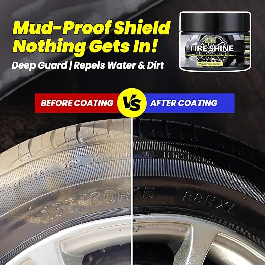 Tire Shine Gel & Wheel Cleaning Wax with Applicator Sponge, Long-Lasting Tire Dressing for Deep Black Wet Gloss Finish, UV Protection for Cars, Trucks, Motorcycles & RVs, 7oz/200g