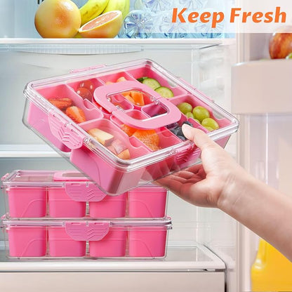 Snackle Box Container, Dishwasher Safety - Divided Serving Tray with Lid and Handle, Charcuterie Board for Portable Snack Platters - Organizer for Fruits Snacks - Perfect for Road Travel Party - Pink