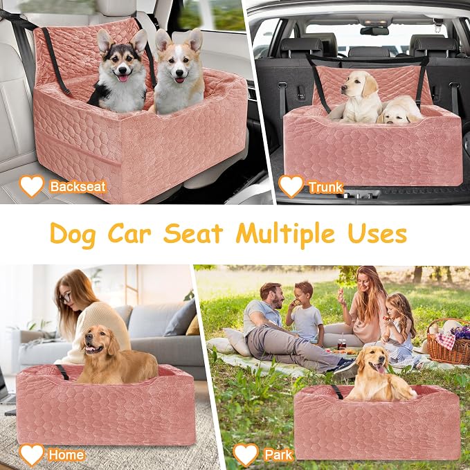 Dog Car Seat for Medium/Large Dog Booster Seat Under 60 lbs or 2 Small Dogs, Multi-Functional Pet Car Seat with Thick Cushion, 2 Safety Leashes (Pink)
