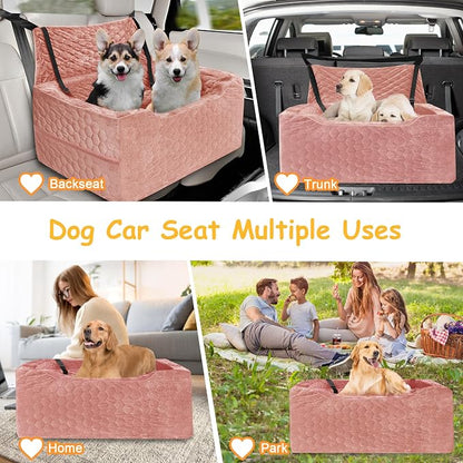 Dog Car Seat for Medium/Large Dog Booster Seat Under 60 lbs or 2 Small Dogs, Multi-Functional Pet Car Seat with Thick Cushion, 2 Safety Leashes (Pink)
