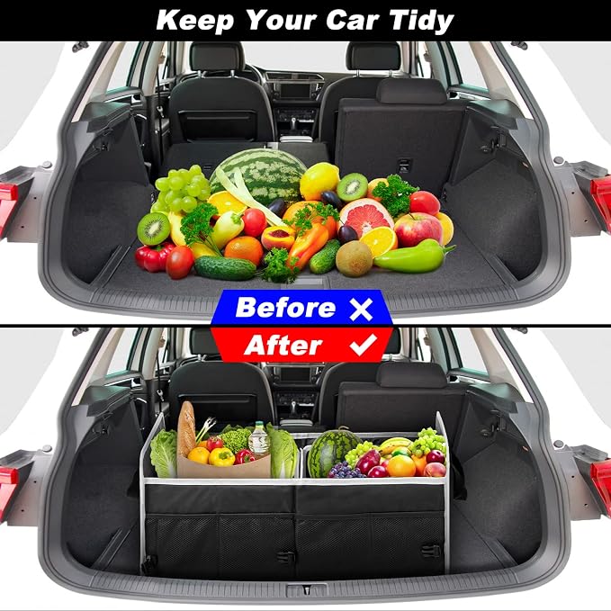 Car Trunk Organizer with Individual Cooler Bag - 2 Compartment Collapsible Car Storage for SUV (Black)