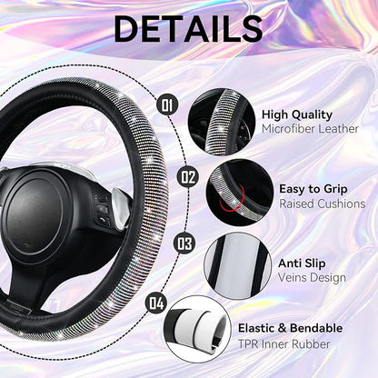 CAR PASS 11 PCS Bling Diamond Car Accessories for Women, Sparkly Rhinestone Steering Wheel Cover Bling Seat Belt Cushion, Glitter Shift Knob Cover Car Cup Holder Coaster, Cute Interior Sets Multicolor