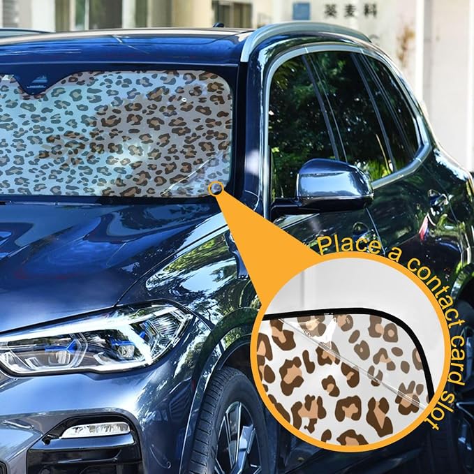 Brown Leopard Print Windshield Sun Shade for Car Auto SUV Truck Foldable Front Window Sunshade Sun Visor Protector Block UV Rays Reflect Heat, 55" x 28"