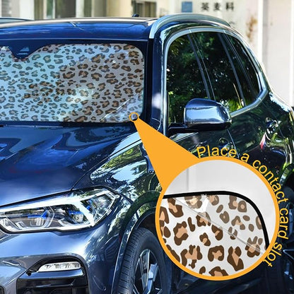 Brown Leopard Print Windshield Sun Shade for Car Auto SUV Truck Foldable Front Window Sunshade Sun Visor Protector Block UV Rays Reflect Heat, 55" x 28"