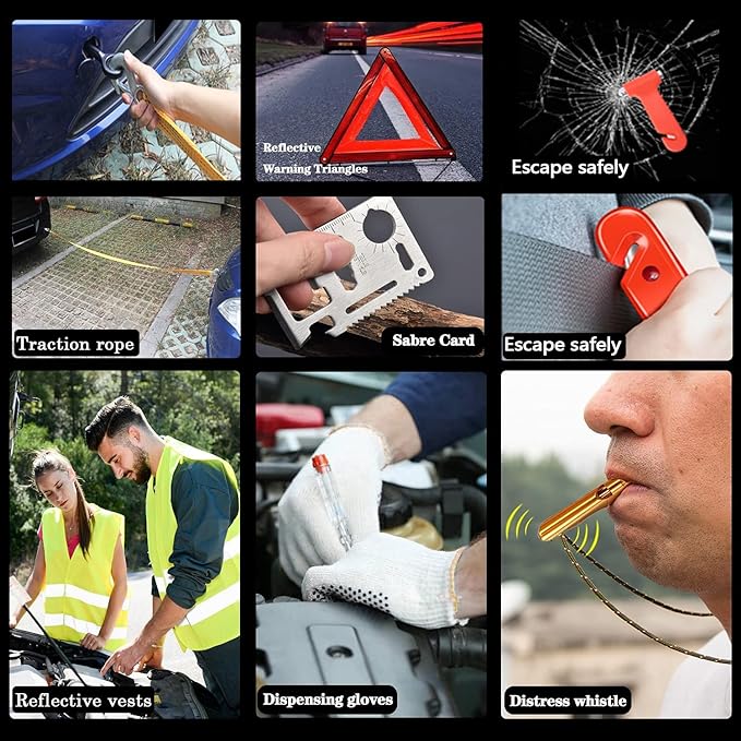 LIANXIN Roadside Emergency Car Kit, Safety Car Kit,with Jumper Cables Emergency kit | Emergency Roadside Kit for Car Warning Triangle,Folding Shovel, Safety Hammer, Tow Rope, Breakdowns fo Emergency Kit Car