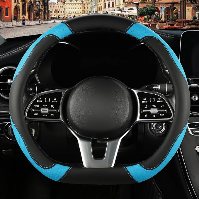 Microfiber Leather D Shaped Steering Wheel Cover, Breathable, Anti Slip, Universal 15 inch, Black with Blue