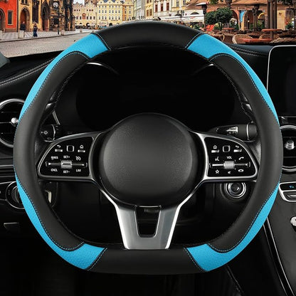 Microfiber Leather D Shaped Steering Wheel Cover, Breathable, Anti Slip, Universal 15 inch, Black with Blue