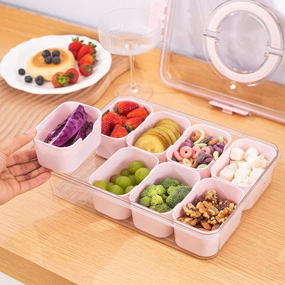 WACOI Divided Snack Serving Tray with Lid and Handle Travel Snackle Charcuterie Container Portable Storage Organizer for Candy, Fruits, Nuts, Snacks, Party, Picnic (1pack, Pink)