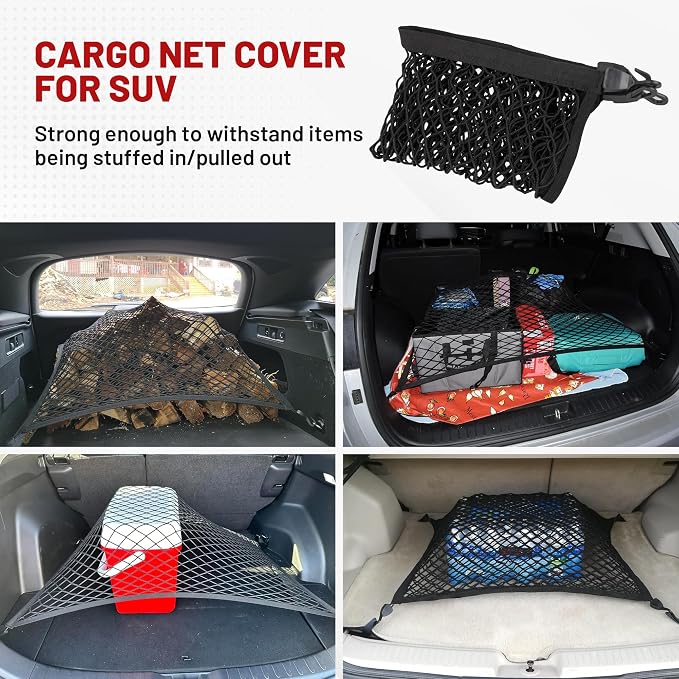 RED WOLF Elastic Cargo Net for SUV Rear Trunk Bed Netting Cover Net Stretchable Mesh Organizer 32" x 24" Stretch to 63"x43" with Fixing Hooks D-Rings Luggage Cover