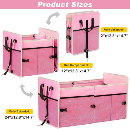 Car Trunk Organizer with Individual Cooler Bag - 2 Compartment Collapsible Car Storage for SUV (Pink)