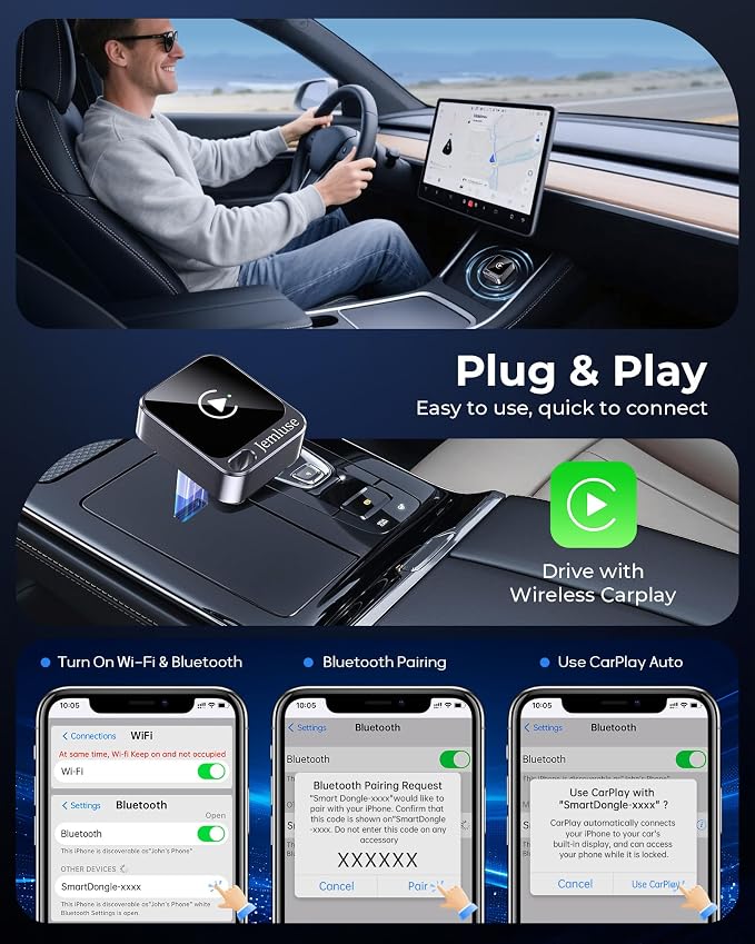 Jemluse Wireless CarPlay Adapter for Apple - Mini Size, Fast Stable Connection Convert Wired to Wireless Car Play Dongle for iPhone iOS 10+, Plug & Play for Cars from 2016+ w/USB-C (Grey)