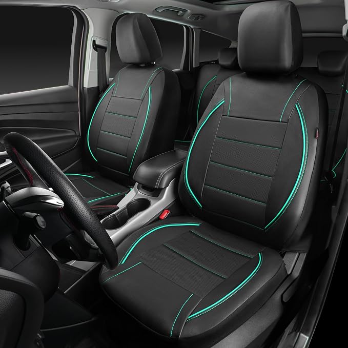 CAR PASS Universal FIT Piping Leather Car Seat Cover, for suvs,Van,Trucks,Airbag Compatible,Inside Zipper Design and Reserved Opening Holes (Full Set, Black and Mint)