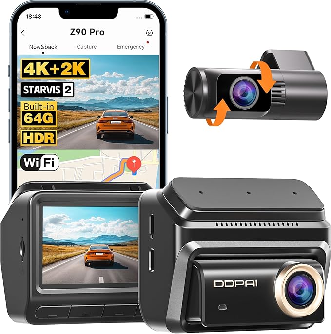 DDPAI 4K Dash Cam Front and Rear, STARVIS 2 IMX678, Built-in 64G eMMC Dual HDR Car Camera, WiFi Dash Camera for Cars with GPS,AI ISP Night Vision 2.0,3" IPS,ADAS,24H Parking Mode,Support 512GB,Z90 Pro
