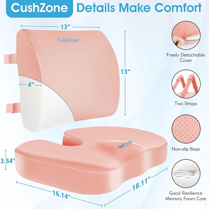 CushZone Ergonomic Seat Cushion & Lumbar Support Pillow - Memory Foam for Sciatica Pain Relief & Posture Correction, Non-Slip Chair Cushions for Office Chair/Car/Wheelchair/Travel, Pink X-Large