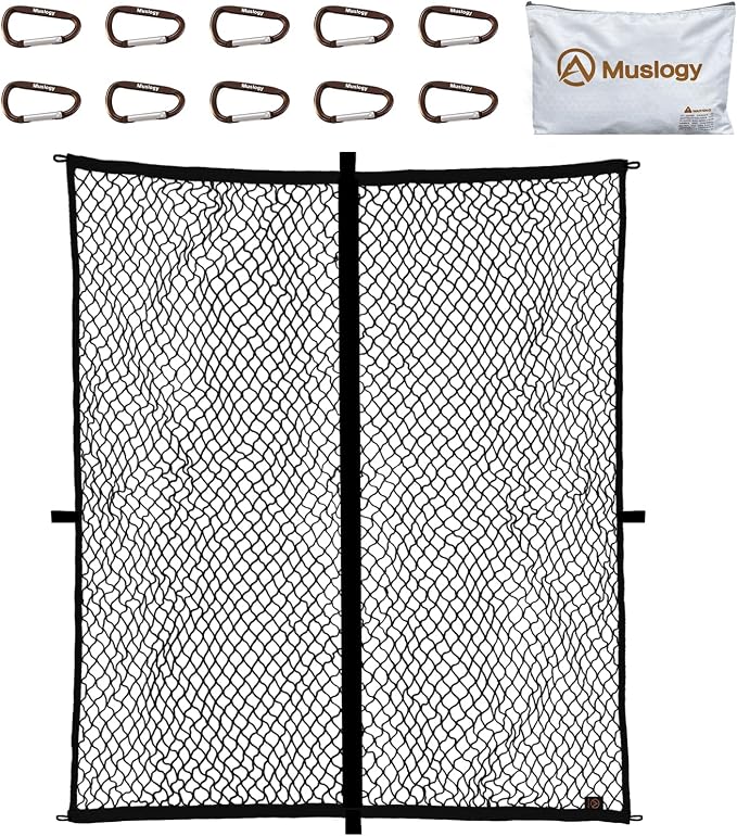 Muslogy Truck Bed Cargo Net Trunk Netting Compatible with Pickup Bed Stretchable 4'x4' to 7'x7' Accessories, Pickup Cargo Organizer ATV SUV UTV Truck&Boat Sedan Storage Net w/Heavy Duty Carabiners