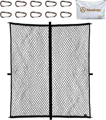 Muslogy Truck Bed Cargo Net Trunk Netting Compatible with Pickup Bed Stretchable 4'x4' to 7'x7' Accessories, Pickup Cargo Organizer ATV SUV UTV Truck&Boat Sedan Storage Net w/Heavy Duty Carabiners