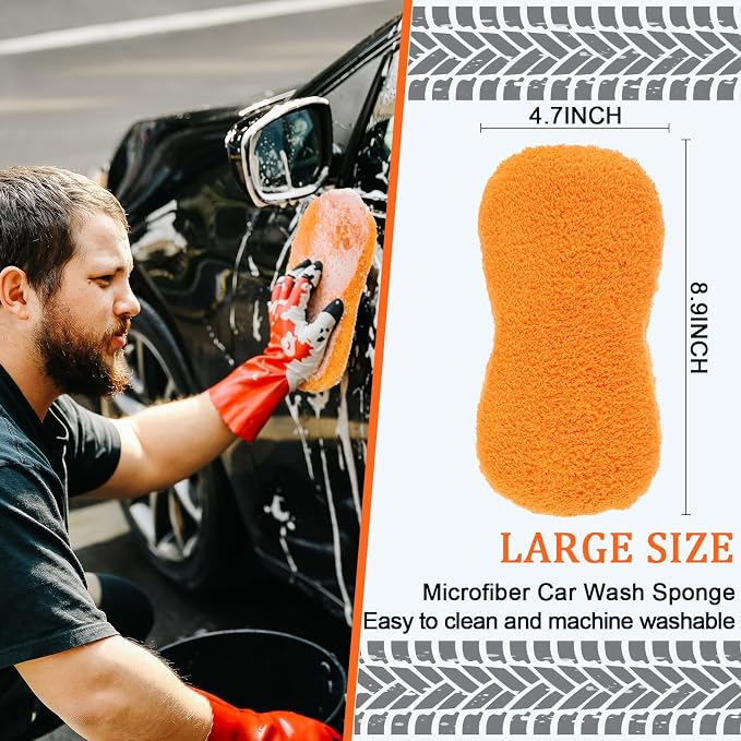 Tanlade 2 Pcs Large Car Wash Sponge for Cleaning, The Microfiber Sponges for Car Washing Supplies, Trucks and Motorcycles (Blue,Orange)