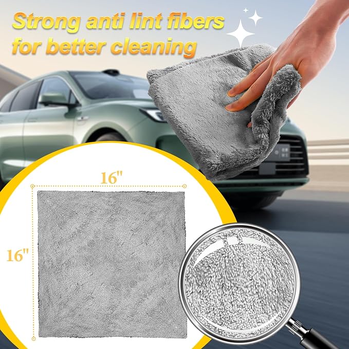Car Wash Drying Towels, 450gsm Ultra-Thick Absorbent Lint-Free Extra Soft Microfiber Rags for Car Detailing, Interior & Exterior Cleaning Cloths, 16in x 16in - Coral Fleece, Grey, 12 Packs
