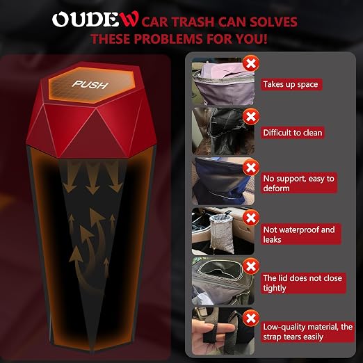 Car Trash Can with Lid - 1-Pack, Interior Accessories for Vehicles, Leakproof Garbage Can with 30 Detachable Trash Bags, Multipurpose Organizers and Storage Solutions for Home and Office
