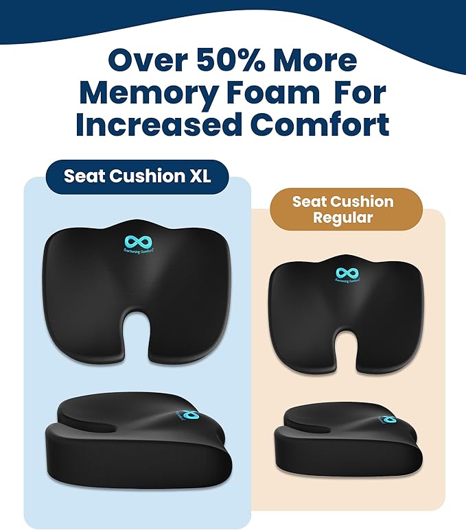 Everlasting Comfort Doctor Recommended Memory Foam Seat Cushion for Office Chairs & Car - Ergonomic Office Desk Accessories - Cushions for Tailbone Pain Relief, Sciatica (Black, X-Large)