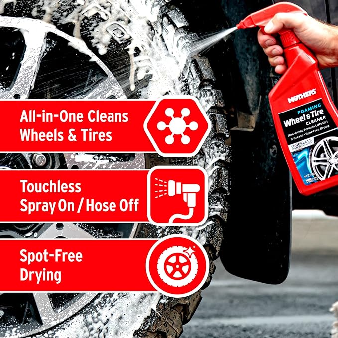 Mothers Foaming Wheel & Tire Cleaner, 1 gal. – Foaming Action Lifts Brake Dust & Grime, Safe for Factory-Coated Wheels, Restores, Cleans, Finishes Fast, Spot-Free Rinse (05902)