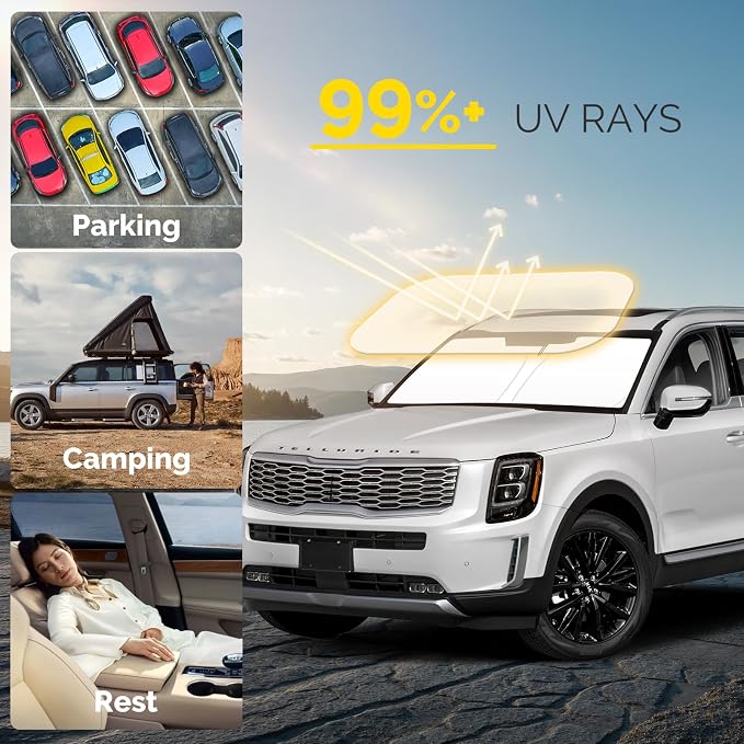 Car Windshield Sun Shade Compatible with 2020 2021 2022 2023 2024 2025 2026 Kia Telluride Accessories Foldable Front Window Sunshade Custom Windshield Cover Sun Visor