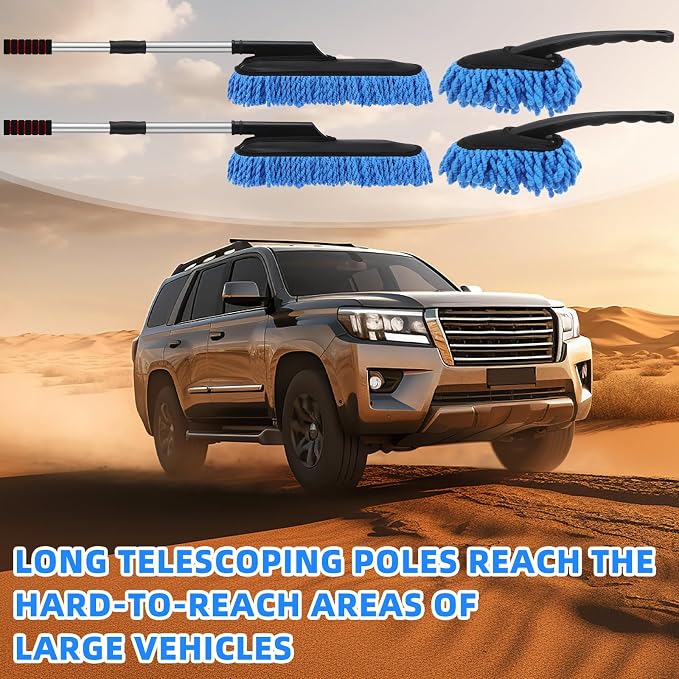 Tanlade 4 Pack Microfiber Car Duster Exterior Scratch Free with Extendable Handle Auto Duster Exterior Cleaning Tools for Car Brush for Truck Bike Rv Boats Motorcycle (Blue)