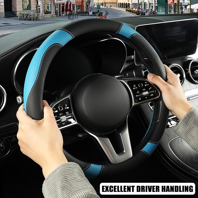 Microfiber Leather Steering Wheel Cover Large Size for Ford F150 F250 F350 F450 RAM 4Runner Tacoma Tundra Sequoia Model S Model X, Breathable, Anti Slip, 15.5 inch to 16 inch, Black with Blue