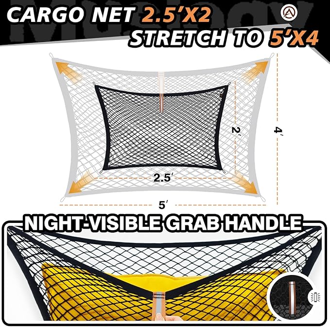 Muslogy Truck Bed Cargo Net Trunk Netting Compatible with 2021-2025 2026 Toyota Sienna Accessories, Pickup Cargo Organizer SUV Sedan Storage Net w/Heavy Duty Carabiners