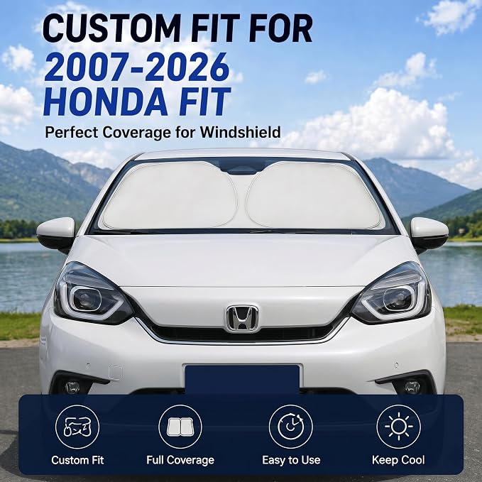 Custom Fit Windshield Sun Shade for Honda Fit 2007-2026 | Custom Fit Windshield Cover, Blocks UV Rays, Double-Layer Heat Shield, Durable Frame, Easy Fold & Storage