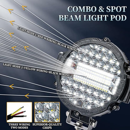 Off Road LED Lights - 7 Inch 201W Round LED Offroad Work Light Pods, 12000LM Combo Beam Truck Light Bar for Tractor 4X4 ATV UTV SUV Pickup (Pack of 2 Black with Wiring)