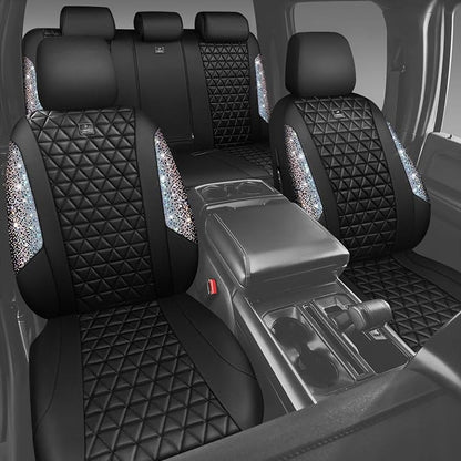 CAR PASS Bling Diamond Leather Car Seat Covers for 2 Front Interior Sets, Waterproof Shining Glitter Sparkly Crystal Universal Armrest Automotive Truck SUV Cute Women Girl, Black Multicolor Rhinestone