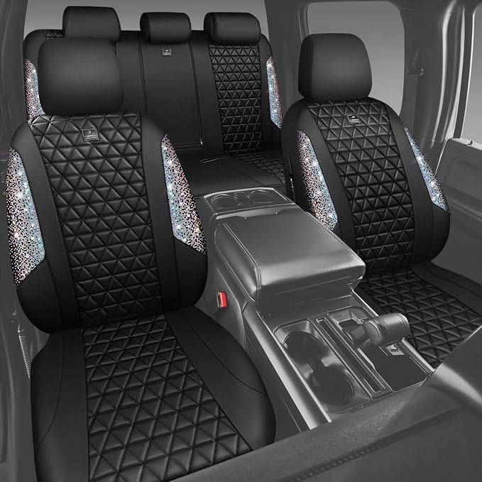 CAR PASS Bling Diamond Leather Car Seat Covers Full Seats Interior Sets, Waterproof Shining Glitter Sparkly Crystal Universal Armrest Automotive Truck SUV Cute Women Girl, Black Multicolor Rhinestone