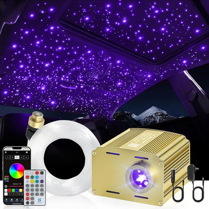 Twinkle Car Starlight Headliner Kit, RGBW 16W 200pcs*0.03in*9.8ft Fiber Optic Star Roof Lights with APP& Remote Controlled, Sound Activated Ceiling Star Lights for Home/Car Decor