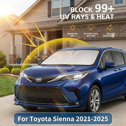 Windshield Sun Shade for Toyota Sienna 2021-2025 2026 Front Window Shade Custom Fit Sienna Accessories Sun Visor Foldable Shade Blocks UV Rays Summer Must Have Car Accessories