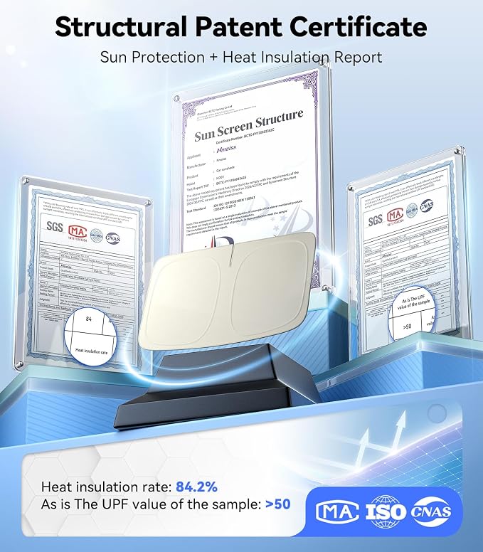 Nmoiss Ice Silk Air-Cooled Car Windshield Sun Shade, [Enjoy Superior Coolness & Comfort] 84.2% Heat Insulation UPF>50 UV Block, Interior Protection, Universal Fit for Car SUV Truck Accessories, XL