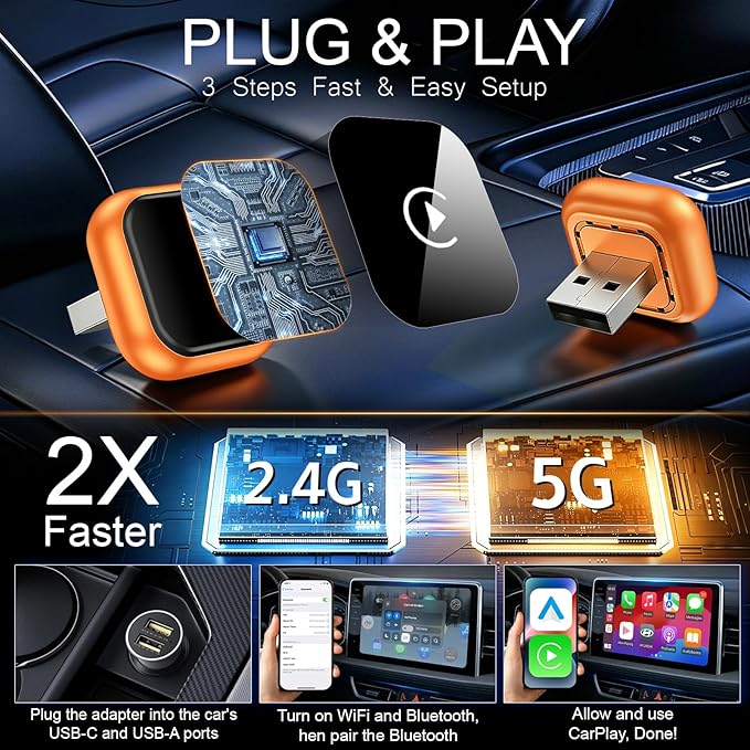 Wireless CarPlay Adapter & Android Auto Adapter, 2 in 1 Wired to Wireless CarPlay Dongle for iPhone & Android, Mini Plug & Play, Stable & No Latency, for iOS 10+ Android 11+ 2016+ Cars (Orange)