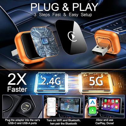 Wireless CarPlay Adapter & Android Auto Adapter, 2 in 1 Wired to Wireless CarPlay Dongle for iPhone & Android, Mini Plug & Play, Stable & No Latency, for iOS 10+ Android 11+ 2016+ Cars (Orange)