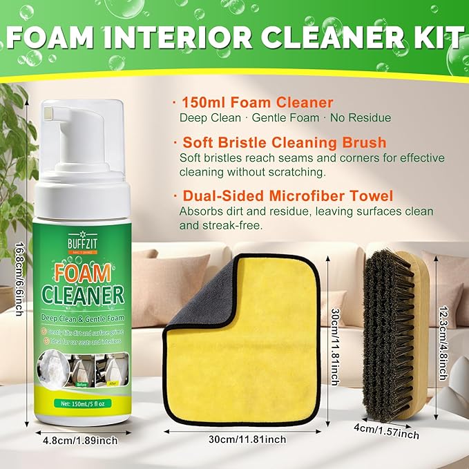Car Interior Foam Cleaner Kit, Multifunctional Auto Detailing Cleaner with Brush & Towel, Deep Clean Car Seats, Carpet, Upholstery & Dashboard, Safe for Leather, Fabric, Vinyl & Plastic, 5oz